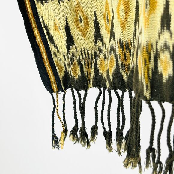 Large Handmade Black Brown Ikat Woven Cotton Shawl Wrap w Fringe - Picture 6 of 6